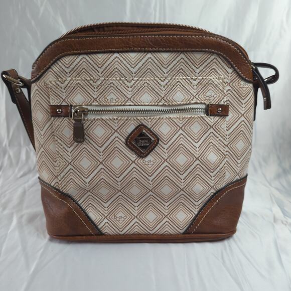 BOC Born Concept Crossbody Bag Brown Tan Patterned Faux Leather Boho Casual - Picture 1 of 7